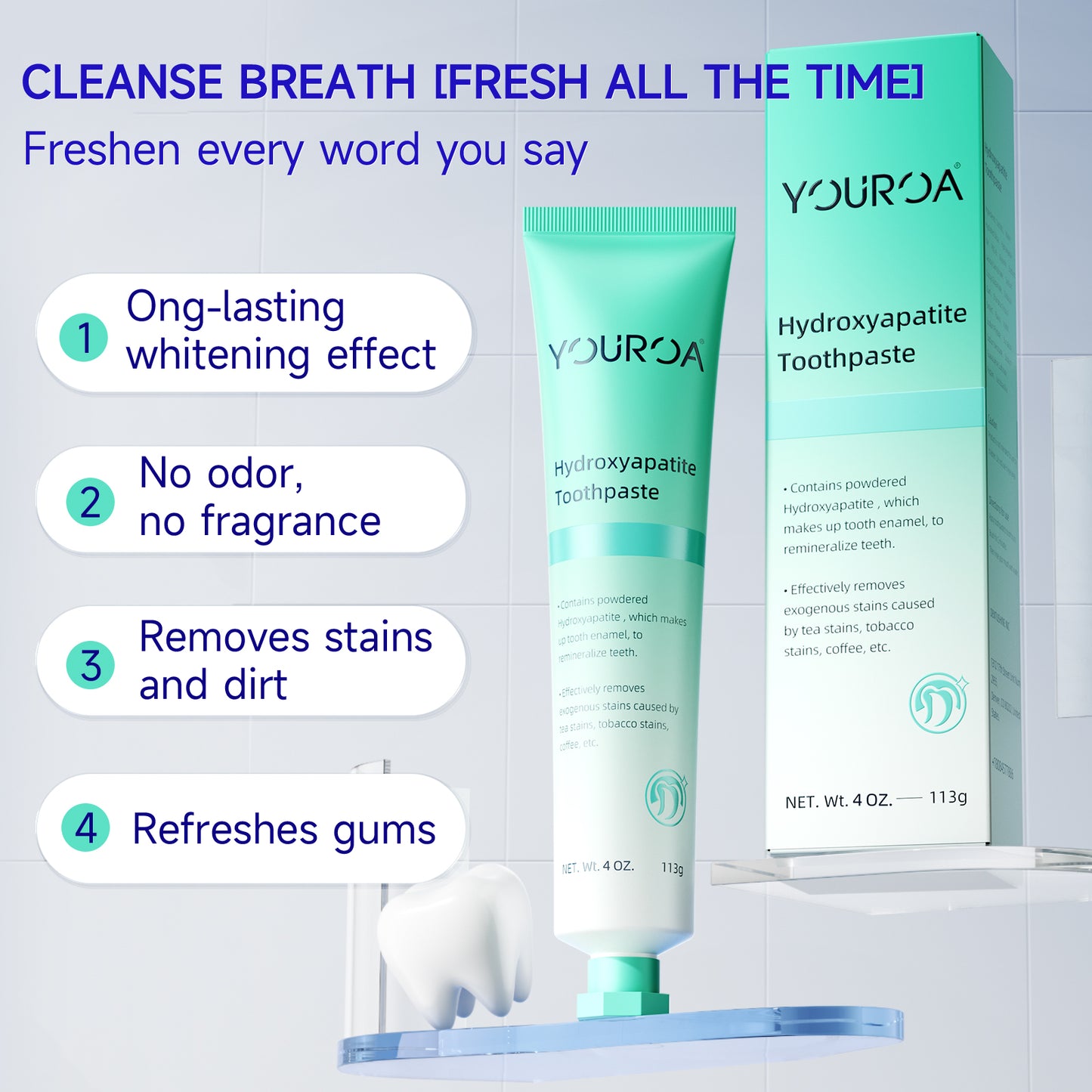 YOUROA Fluoride-Free Nano Hydroxyapatite Toothpaste for Remineralizing Enamel and Relieving Sensitive Teeth, Whitening, Anti-Plaque, Natural Mint, 1 Tubes ,4 OZ, Made in USA