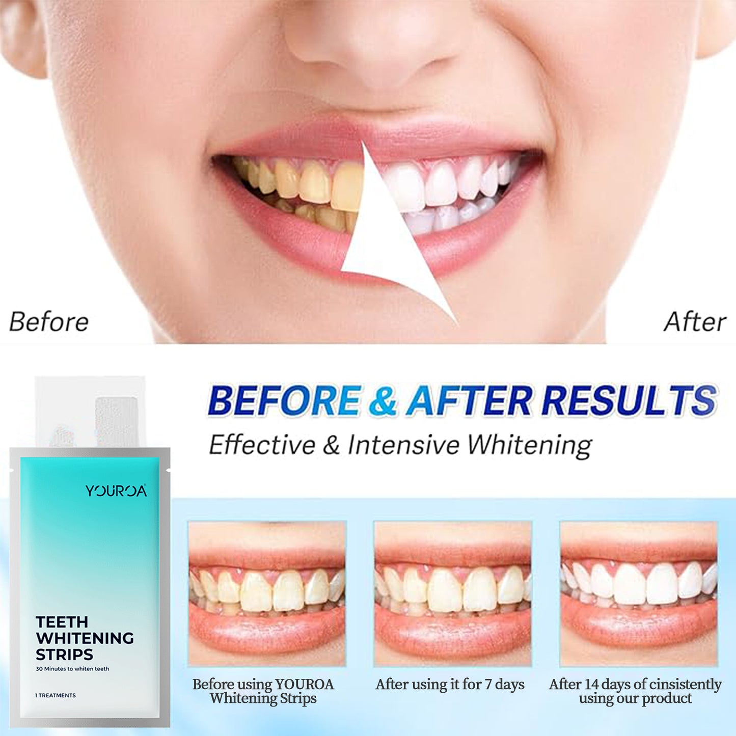 Teeth Whitening Strips 8 Treatments, Peroxide-Free, Enamel-Safe, whitens Without Sensitivity, removes Coffee, Tea and Tobacco Stains, deep Stain Removal, Instant whitening 16 Count